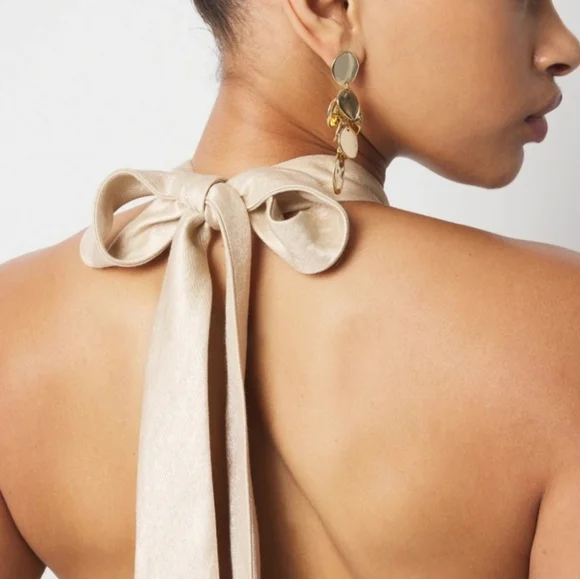 WHBM Champagne Gold Wide Leg Halter‎ Jumpsuit wFront Pockets Cocktail Coquette - Picture 15 of 16